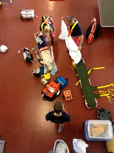 A birds eye view of our team preparing our patient for a  stretcher winch 